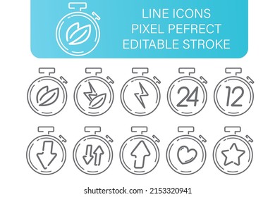 Stopwatch tine line icons set, with diferend little icons, editable stroke. pixel perfect