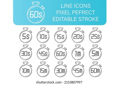 Stopwatch tine line icons set, with diferend little time icons, editable stroke. pixel perfect