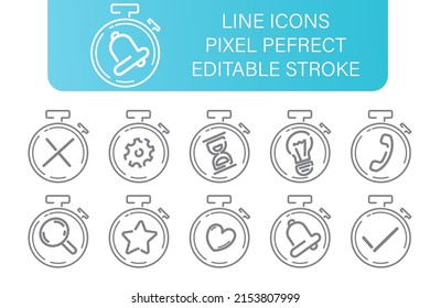 Stopwatch tine line icons set, with diferend little icons, editable stroke. pixel perfect