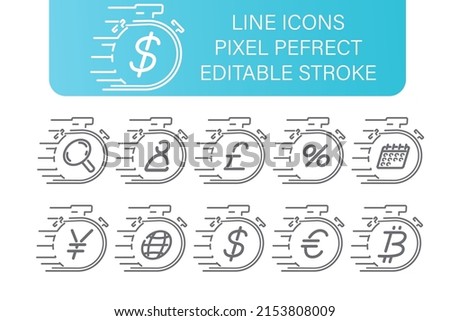 Stopwatch tine line icons set, with diferend little financial and business icons, editable stroke. pixel perfect