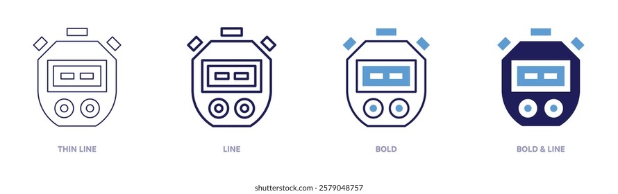 Stopwatch tool icon in 4 different styles. Thin Line, Line, Bold, and Bold Line. Duotone style. Editable stroke.