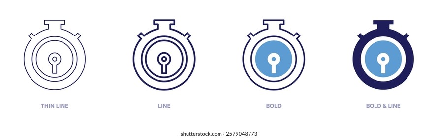 Stopwatch tools icon in 4 different styles. Thin Line, Line, Bold, and Bold Line. Duotone style. Editable stroke.