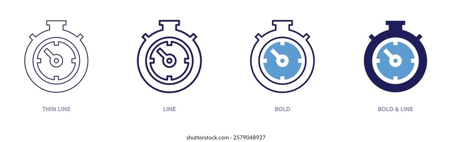 Stopwatch trigger handle icon in 4 different styles. Thin Line, Line, Bold, and Bold Line. Duotone style. Editable stroke.