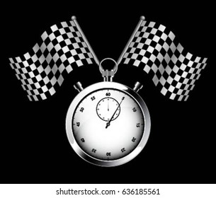 Stopwatch with two crossed checkered racing flags on black background