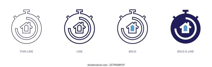 Stopwatch upgrade icon in 4 different styles. Thin Line, Line, Bold, and Bold Line. Duotone style. Editable stroke.