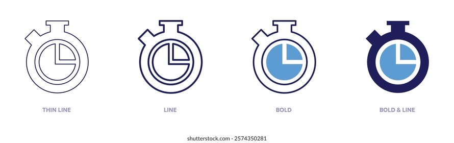 Stopwatch usability icon in 4 different styles. Thin Line, Line, Bold, and Bold Line. Duotone style. Editable stroke.