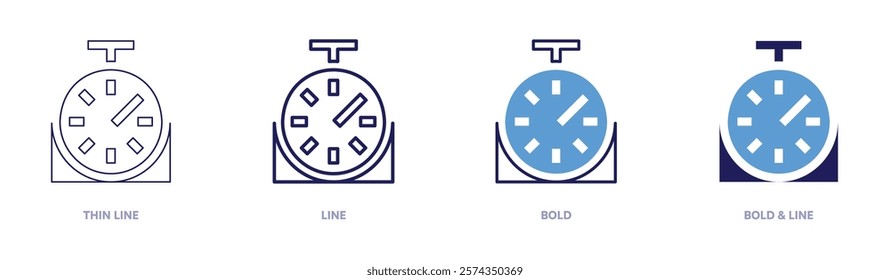 Stopwatch utility icon in 4 different styles. Thin Line, Line, Bold, and Bold Line. Duotone style. Editable stroke.