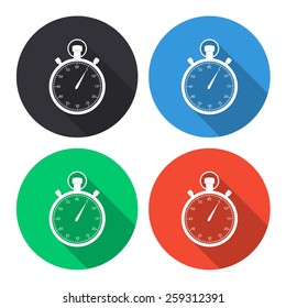 Stopwatch vector icon - colored(gray, blue, green, red) round buttons with long shadow