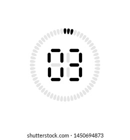Stopwatch vector icon, digital timer. Vector digital count down circle board with circle time pie diagram. Watch outline style design, designed for web and app.