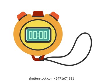 Stopwatch vector icon. Electronic yellow watch on a string, with red buttons and a screen. Digital tool for measuring time, competitions, training, running. Timer with numbers, device for sports