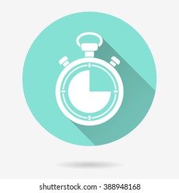 Stopwatch   vector icon with long shadow. White illustration isolated on green background for graphic and web design.  