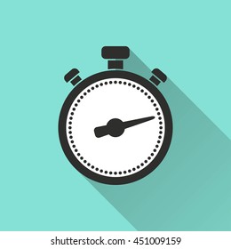 Stopwatch vector icon with long shadow. White illustration isolated on green background for graphic and web design.