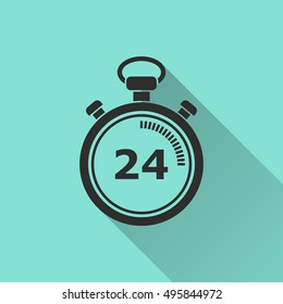 Stopwatch vector icon with long shadow. black Illustration isolated on green background for graphic and web design.