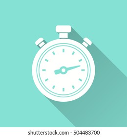 Stopwatch vector icon with long shadow. White illustration isolated on green background for graphic and web design.