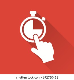 Stopwatch vector icon with long shadow. White illustration isolated on red background for graphic and web design.