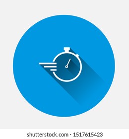 Stopwatch vector icon on blue background. Flat image with long shadow.