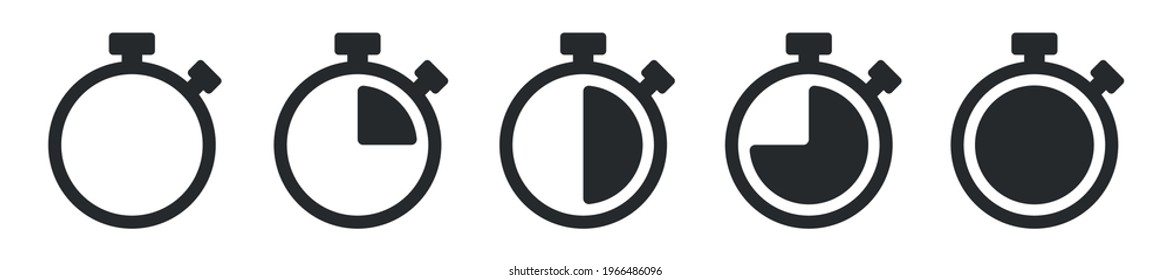 Stopwatch Vector Icon Set. Countdown Timer. Clock Icon. Full Rotation Arrow. Time Management Symbol.  Delivery Service Sign. Collection Simple Timers In Flat Style Isolated On White Background. Vector