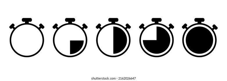 Stopwatch vector icon set. Countdown Timer. Clock icon. Full rotation arrow. Time management symbol. Delivery service sign.