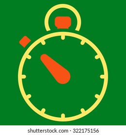 Stopwatch vector icon. Style is bicolor flat symbol, orange and yellow colors, rounded angles, green background.