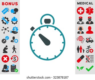 Stopwatch vector icon. Style is bicolor flat symbol, soft blue colors, rounded angles, white background.