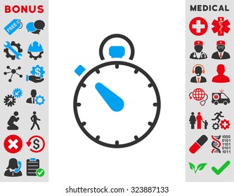 Stopwatch vector icon. Style is bicolor flat symbol, blue and gray colors, rounded angles, white background.