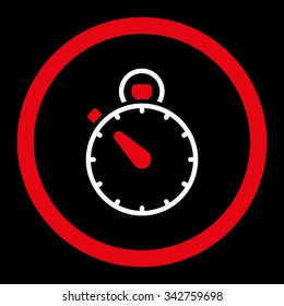 Stopwatch vector icon. Style is bicolor flat rounded symbol, red and white colors, rounded angles, black background.