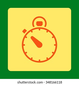 Stopwatch vector icon. Style is flat rounded square button, orange and yellow colors, green background.