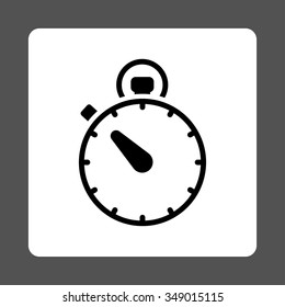 Stopwatch vector icon. Style is flat rounded square button, black and white colors, gray background.