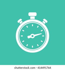 Stopwatch    vector icon. White  illustration isolated on green  background for graphic and web design.