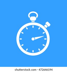 Stopwatch vector icon. White illustration isolated on blue background for graphic and web design.