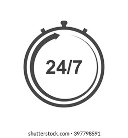 Stopwatch vector icon. Working hours. Support around the clock. Seven days a week.  