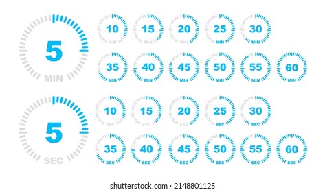 Stopwatch vector icons. Collection of countdown timer digital from 0 to 60 minutes and seconds. Vector illustration.
