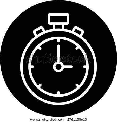 Stopwatch vector symbol. White line art style isolated on black circle background. Perfect for app button or UI element. This professional timing graphic is essential for tracking athletic performance and countdown intervals.