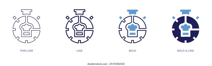 Stopwatch watch icon in 4 different styles. Thin Line, Line, Bold, and Bold Line. Duotone style. Editable stroke.