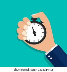 Stopwatch, watch or timer in hand. Stop time on competition. Businessman time control concept. Cartoon flat clock for start work, interval control, optimization measure. Countdown of stopwatch. vector