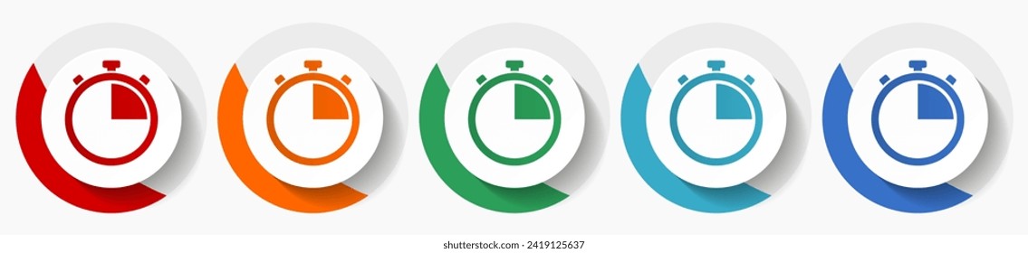 Stopwatch, watch vector icon set, flat icons for logo design, webdesign and mobile applications, colorful round buttons