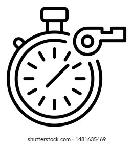 Stopwatch and whistle icon. Outline stopwatch and whistle vector icon for web design isolated on white background