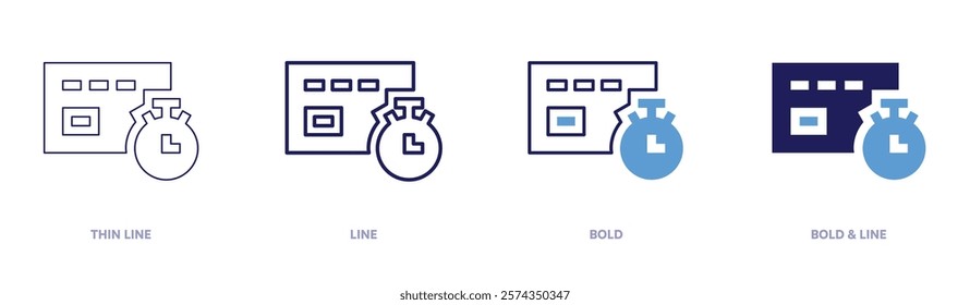 Stopwatch workout device icon in 4 different styles. Thin Line, Line, Bold, and Bold Line. Duotone style. Editable stroke.