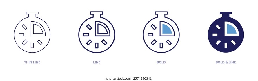 Stopwatch workout icon in 4 different styles. Thin Line, Line, Bold, and Bold Line. Duotone style. Editable stroke.