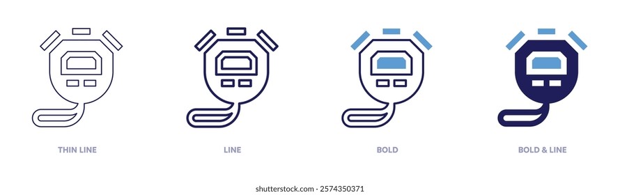 Stopwatch wrist device icon in 4 different styles. Thin Line, Line, Bold, and Bold Line. Duotone style. Editable stroke.