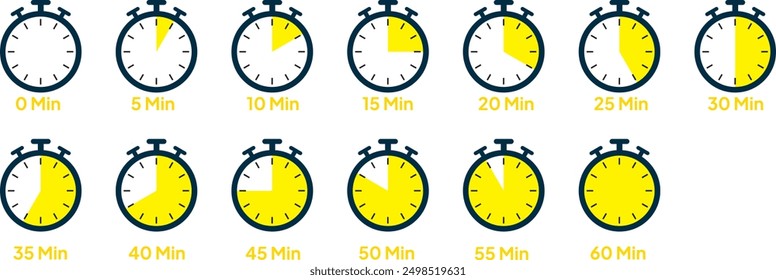 Stopwatch from zero to sixty minutes icon vector illustration.