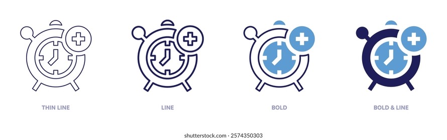 Stopwatch zone time icon in 4 different styles. Thin Line, Line, Bold, and Bold Line. Duotone style. Editable stroke.