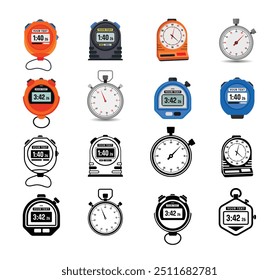 Cronômetros de cronômetro Ilustrações de vetor de clip-art Uma coleção de conjunto de cronômetros. Timekeeping Um estudo em forma e função, medição de tempo, estilos de cronômetro através do tempo isolado conjunto de ícones de contorno.