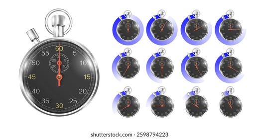 Stopwatch,metal realistic black chronometer. Time measurement for sport. Classic time counter with dia with violet countdown timer showing minutes and seconds. Vector 3d style image