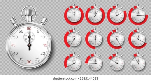 Stopwatch,metal realistic schronometer isolated. Time measurement for sport. Classic time counter with dia with red countdown timer showing minutes and seconds. Vector 3d style image