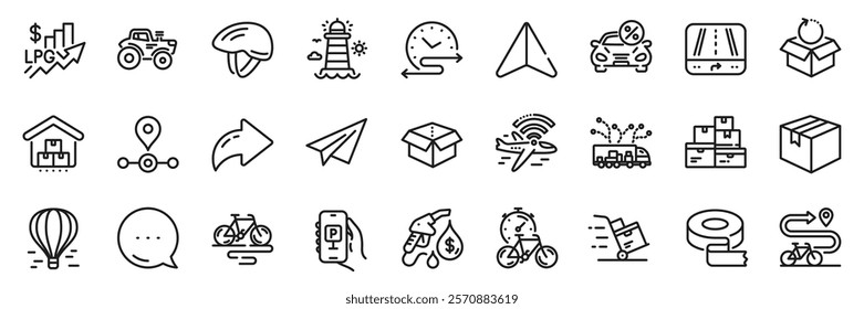Storage, Airplane wifi and Parcel line icons pack. Share, Message, Paper plane icons. Truck delivery, Air balloon, Delivery cart web icon. Bike, Lighthouse, Wholesale goods pictogram. Vector