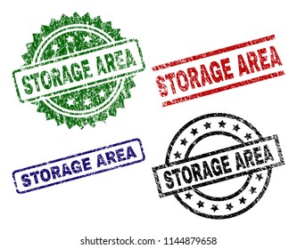 STORAGE AREA seal prints with damaged texture. Black, green,red,blue vector rubber prints of STORAGE AREA caption with corroded texture. Rubber seals with round, rectangle, medal shapes.