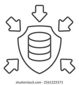 Storage array on shield with arrows thin line icon, data protection concept. Vector graphics. Hard disks, data under attack sign on white background, outline style icon for mobile or web design