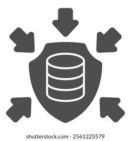 Storage array on shield with arrows solid icon, data protection concept. Vector graphics. Hard disks, data under attack sign on white background, glyph style icon for mobile or web design