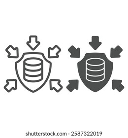 Storage array on shield with arrows line and solid icon, data protection concept. Vector graphics. Hard disks, data under attack sign on white background, outline style icon for mobile or web design